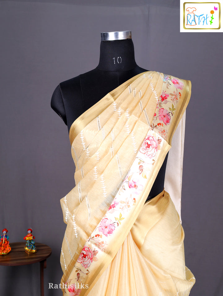 Pastel Yellow Synthetic Saree