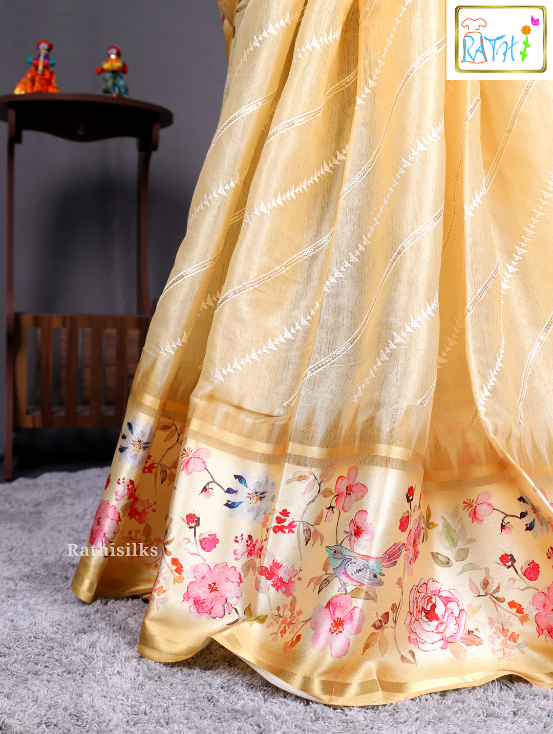 Pastel Yellow Synthetic Saree