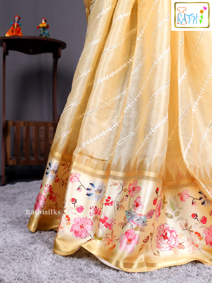 Pastel Yellow Synthetic Saree