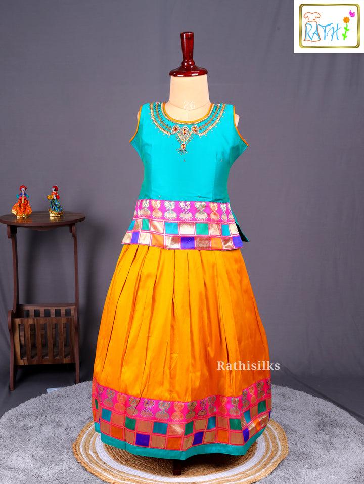 Turquoise & Multicolor Checked Art Silk Pavadai Sattai