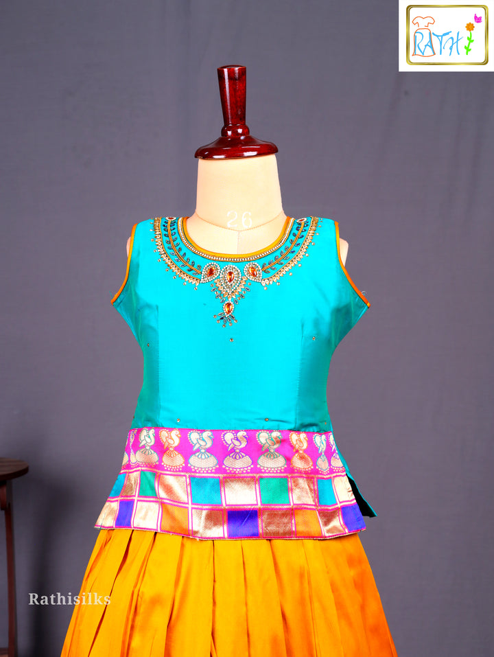 Turquoise & Multicolor Checked Art Silk Pavadai Sattai