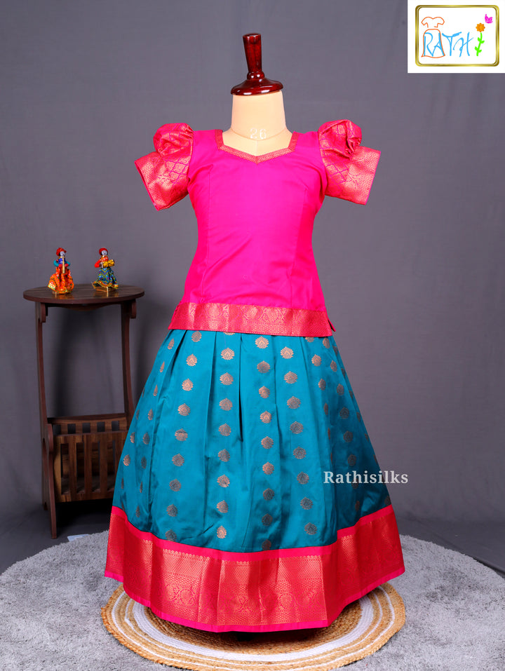 Pink Karishma Top & Teal Art Silk Pavadai
