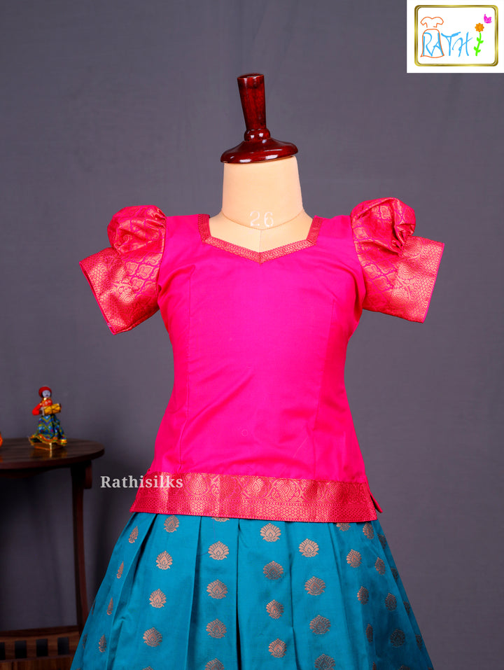 Pink Karishma Top & Teal Art Silk Pavadai