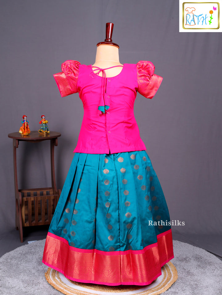 Pink Karishma Top & Teal Art Silk Pavadai