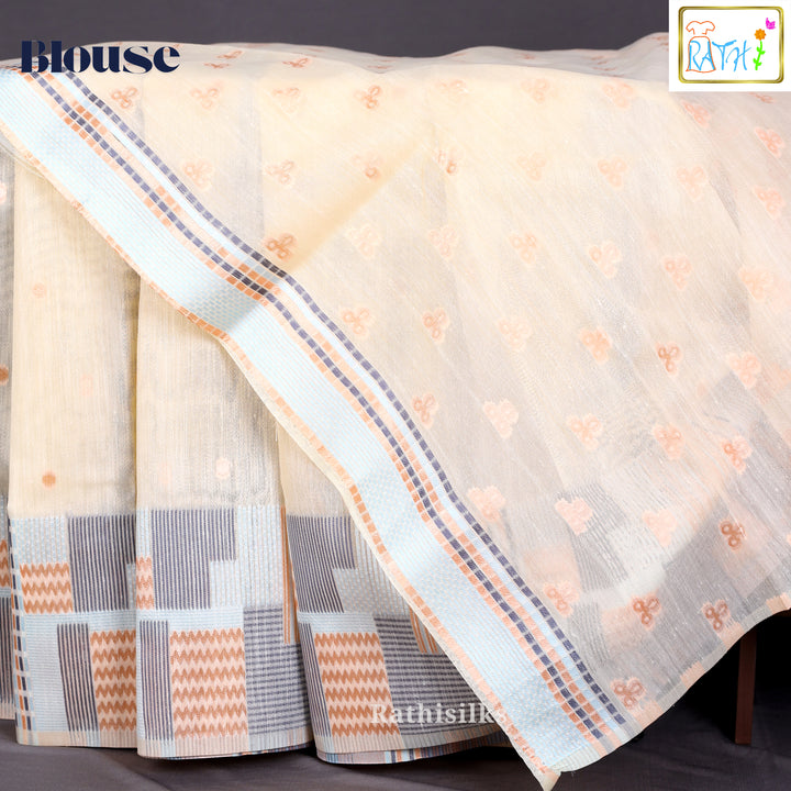 Elegant Cream & Peach Cotton Blended Saree