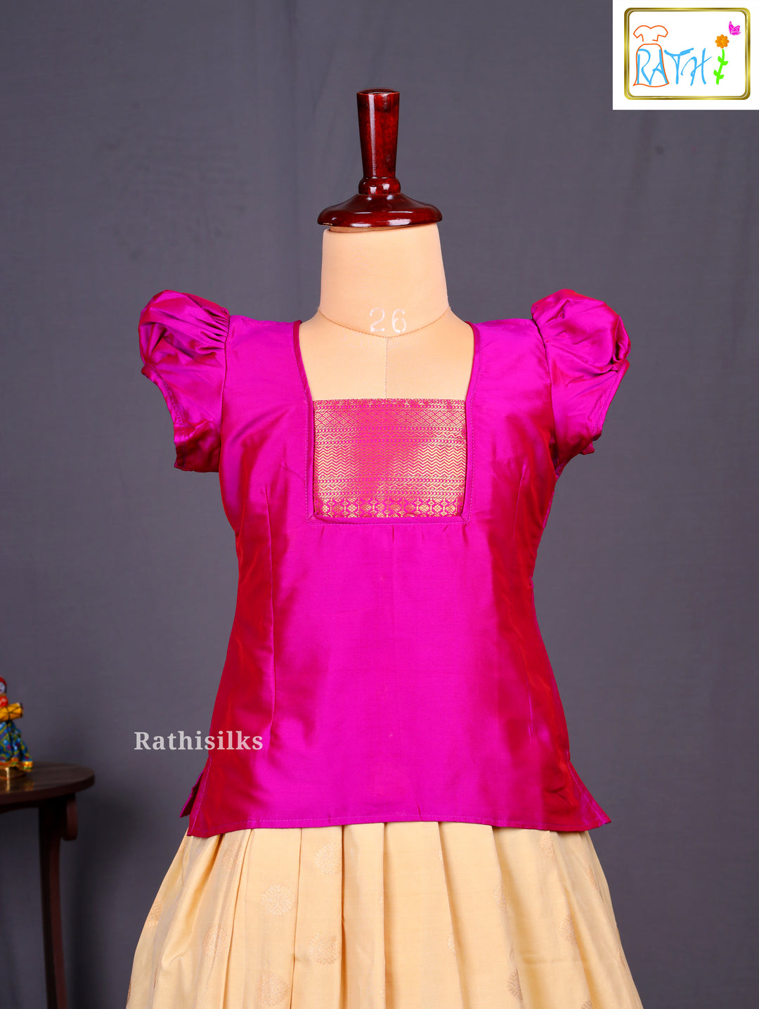 Traditional Pink Karishma Top with Cream Art Silk Pavadai