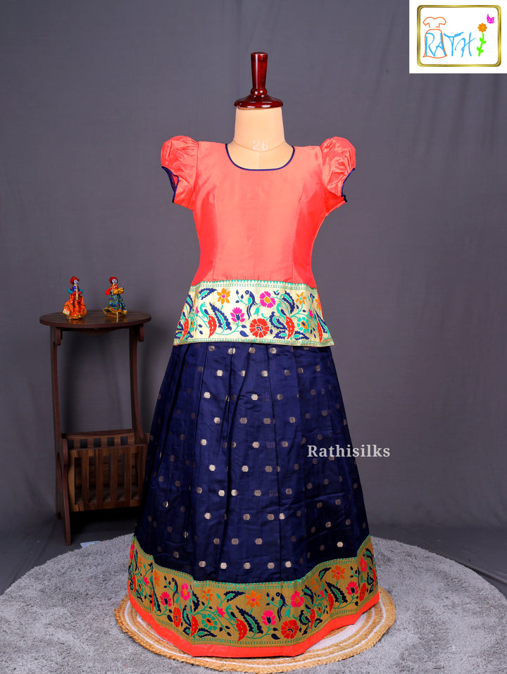 Traditional Coral Pink Karishma Top with Navy Blue Cotton Pavadai