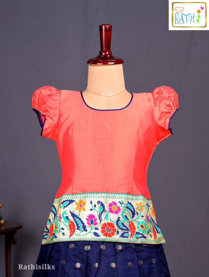Traditional Coral Pink Karishma Top with Navy Blue Cotton Pavadai