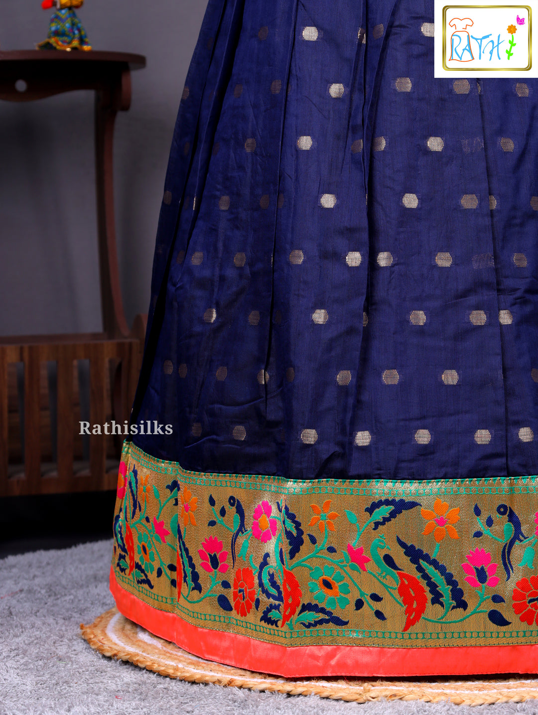 Traditional Coral Pink Karishma Top with Navy Blue Cotton Pavadai
