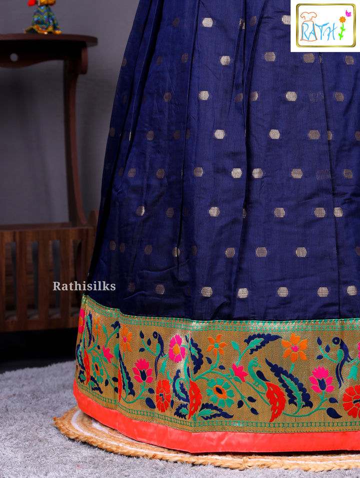 Traditional Coral Pink Karishma Top with Navy Blue Cotton Pavadai