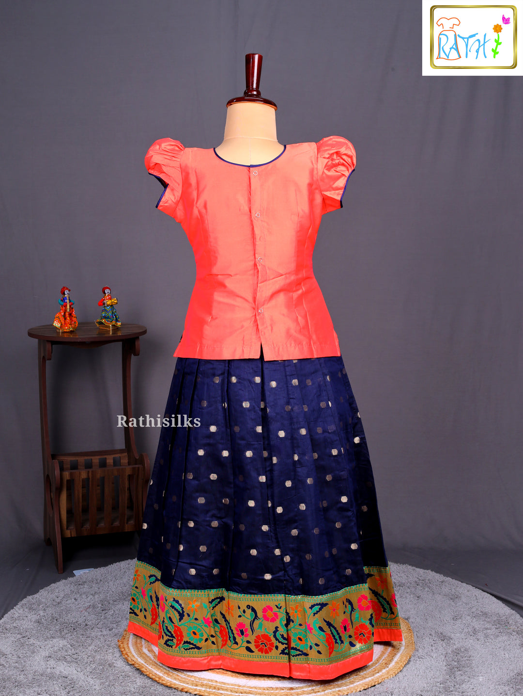 Traditional Coral Pink Karishma Top with Navy Blue Cotton Pavadai