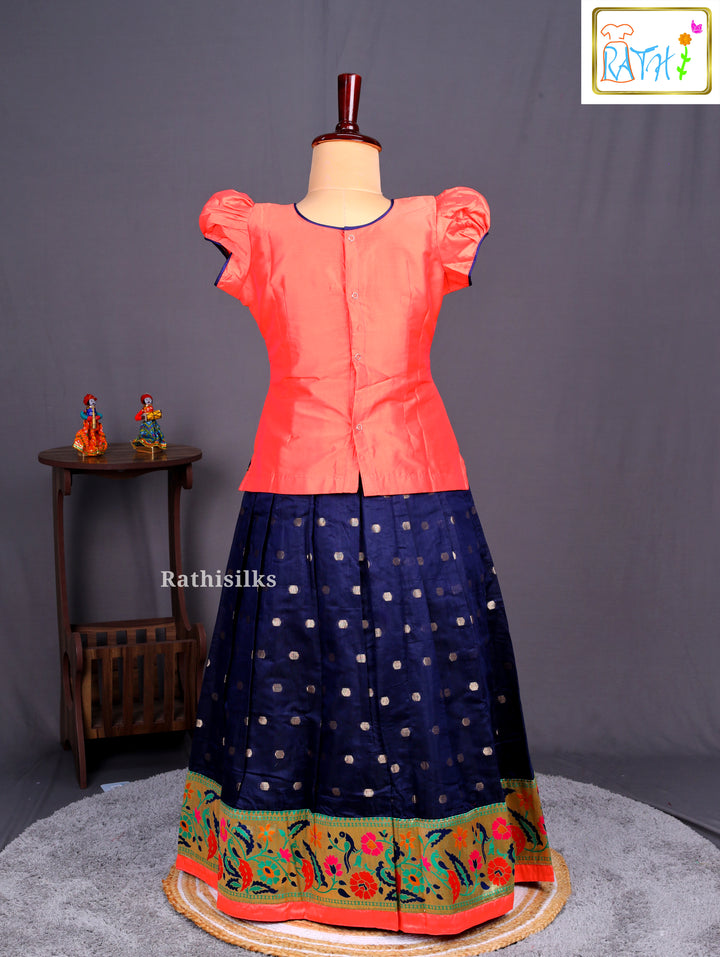 Traditional Coral Pink Karishma Top with Navy Blue Cotton Pavadai