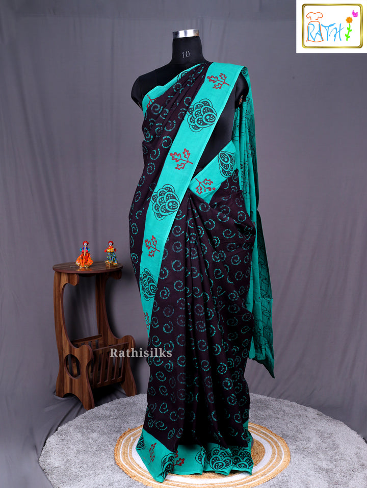 Elegant Black and Teal Pure Cotton Saree