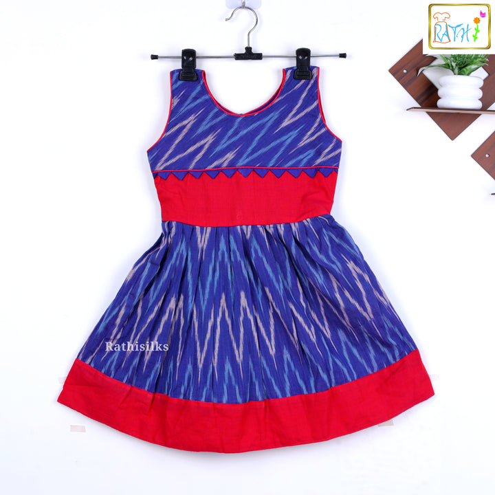 Elegant Blue & Red Ikat Pattern Short Frock