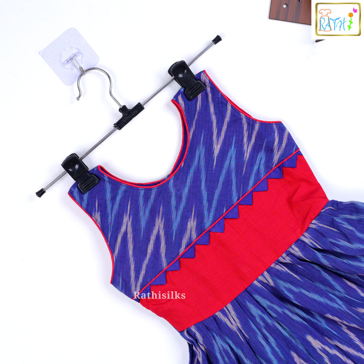 Elegant Blue & Red Ikat Pattern Short Frock