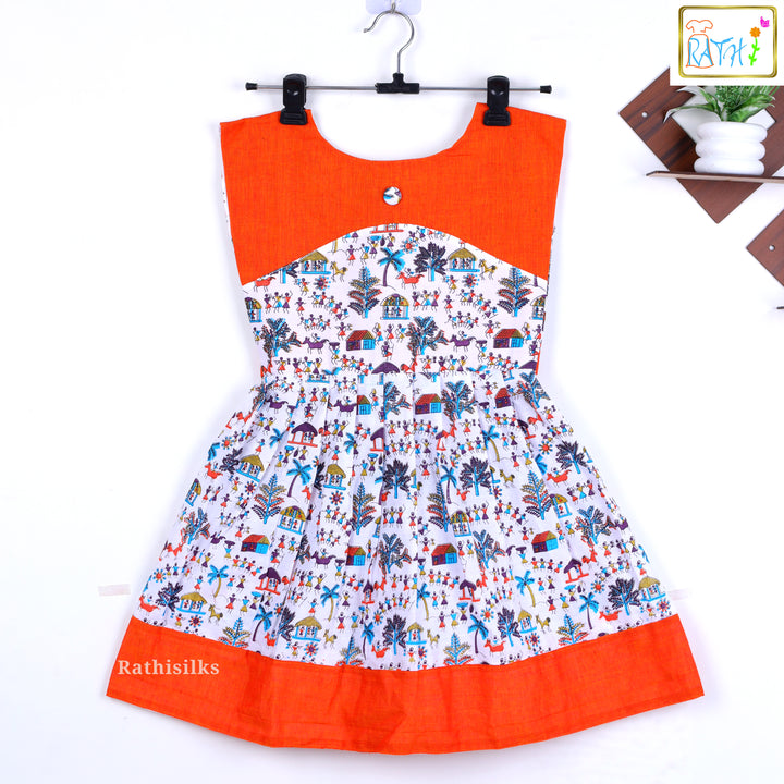 Charming Orange & White Mangalagiri Cotton Short Frock