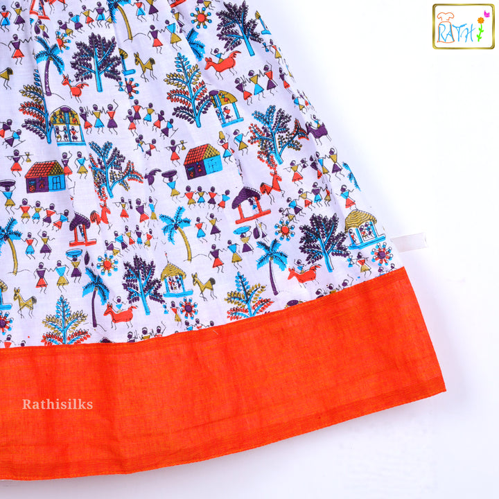 Charming Orange & White Mangalagiri Cotton Short Frock
