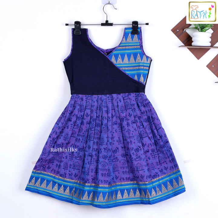 Elegant Purple & Blue Mangalagiri Cotton Short Frock
