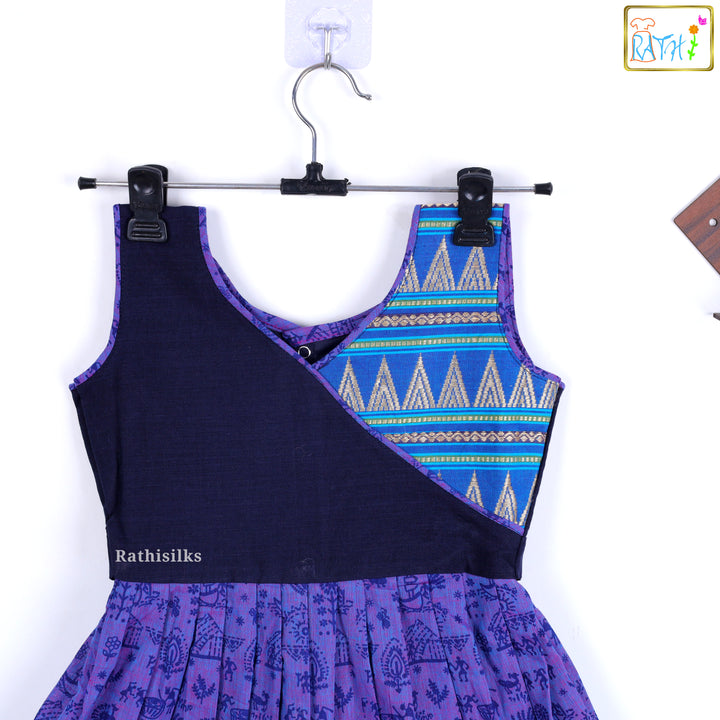 Elegant Purple & Blue Mangalagiri Cotton Short Frock