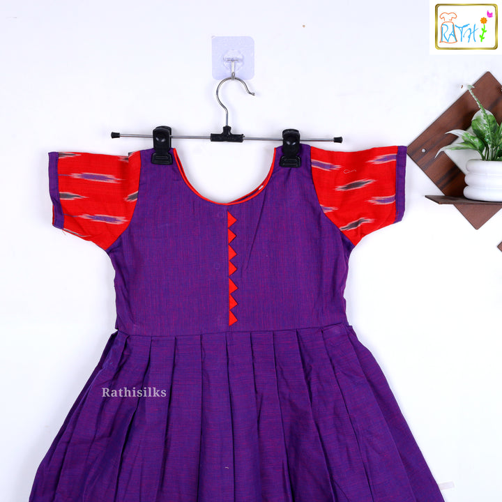 Elegant Purple & Red Mangalagiri Cotton Frock