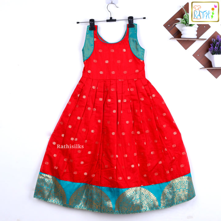 Elegant Red & Teal Zari Border Frock