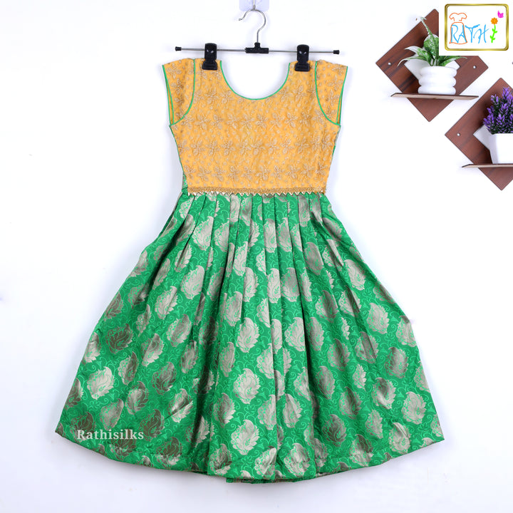 Elegant Yellow Brocade & Green Cotton Zari Kids’ Frock