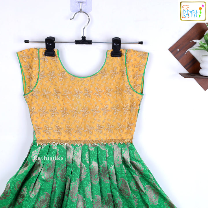 Elegant Yellow Brocade & Green Cotton Zari Kids’ Frock