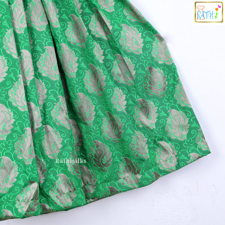 Elegant Yellow Brocade & Green Cotton Zari Kids’ Frock