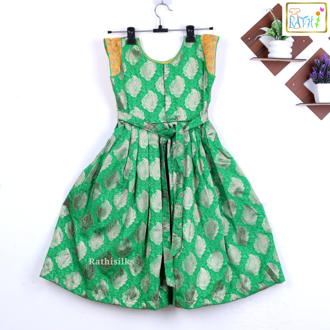 Elegant Yellow Brocade & Green Cotton Zari Kids’ Frock