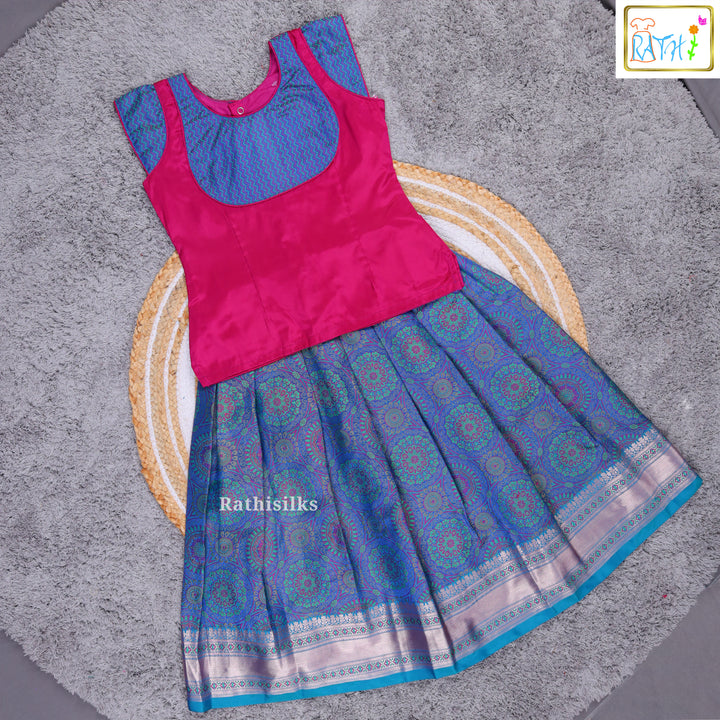 Pink & Blue Zari Woven Cotton Pavadai Sattai
