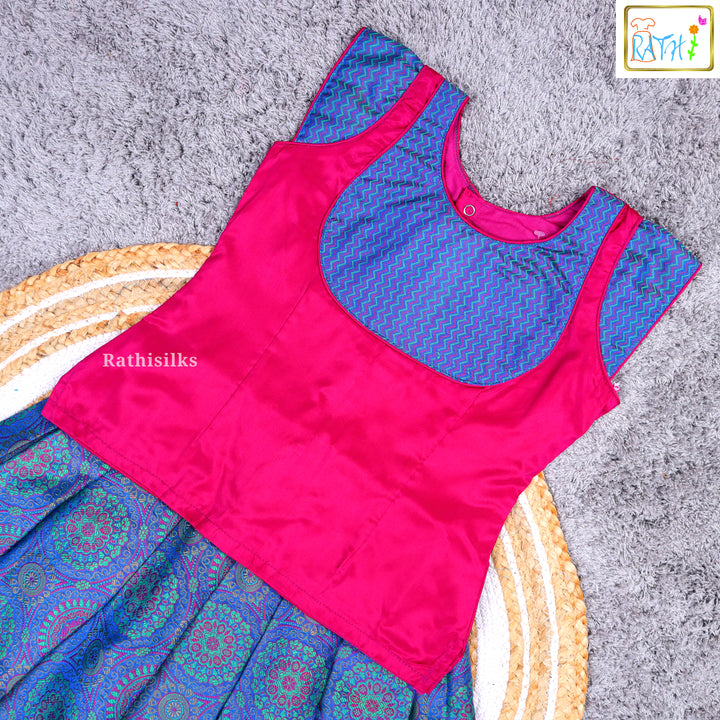 Pink & Blue Zari Woven Cotton Pavadai Sattai