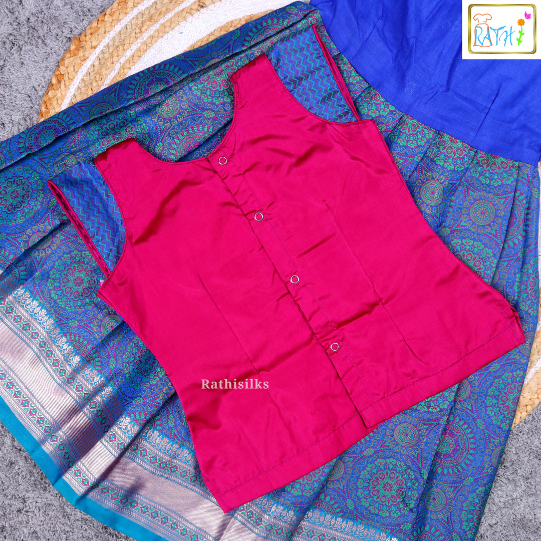 Pink & Blue Zari Woven Cotton Pavadai Sattai