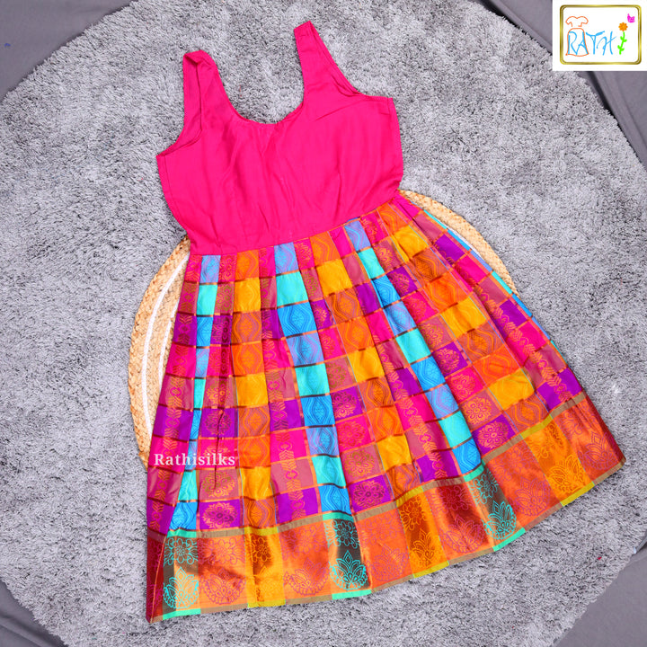 Pink & Multicolor Checked Cotton Pavadai Sattai