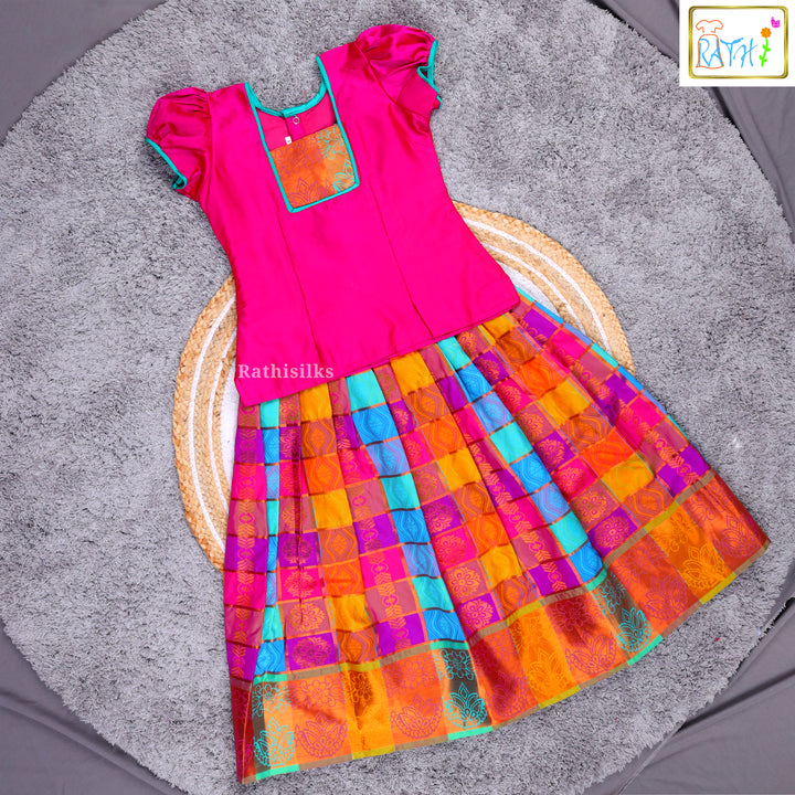 Pink & Multicolor Checked Cotton Pavadai Sattai