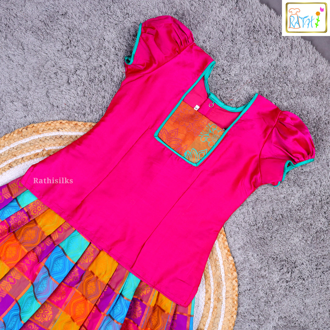 Pink & Multicolor Checked Cotton Pavadai Sattai