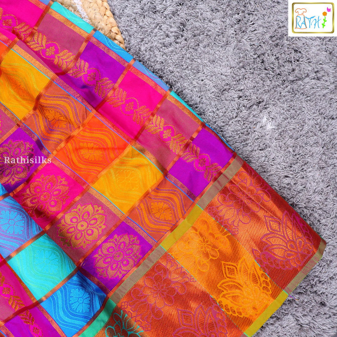 Pink & Multicolor Checked Cotton Pavadai Sattai