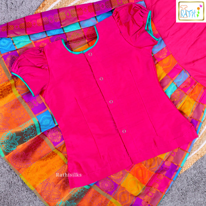 Pink & Multicolor Checked Cotton Pavadai Sattai