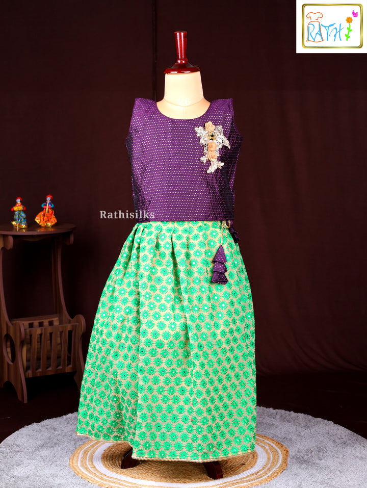 Purple Brocade Blouse with Green Floral Pavadai