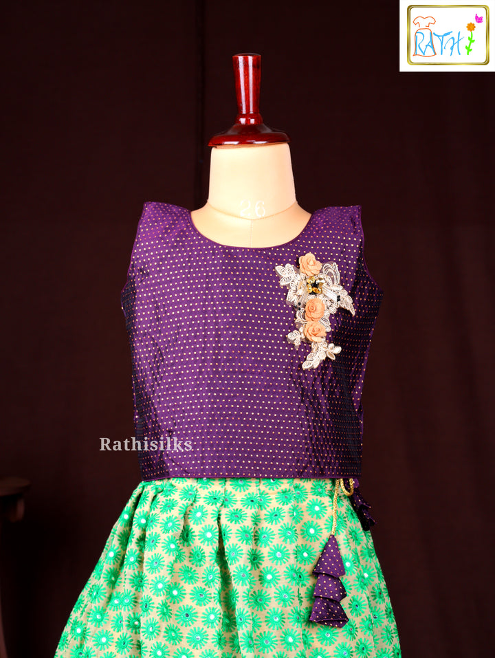 Purple Brocade Blouse with Green Floral Pavadai