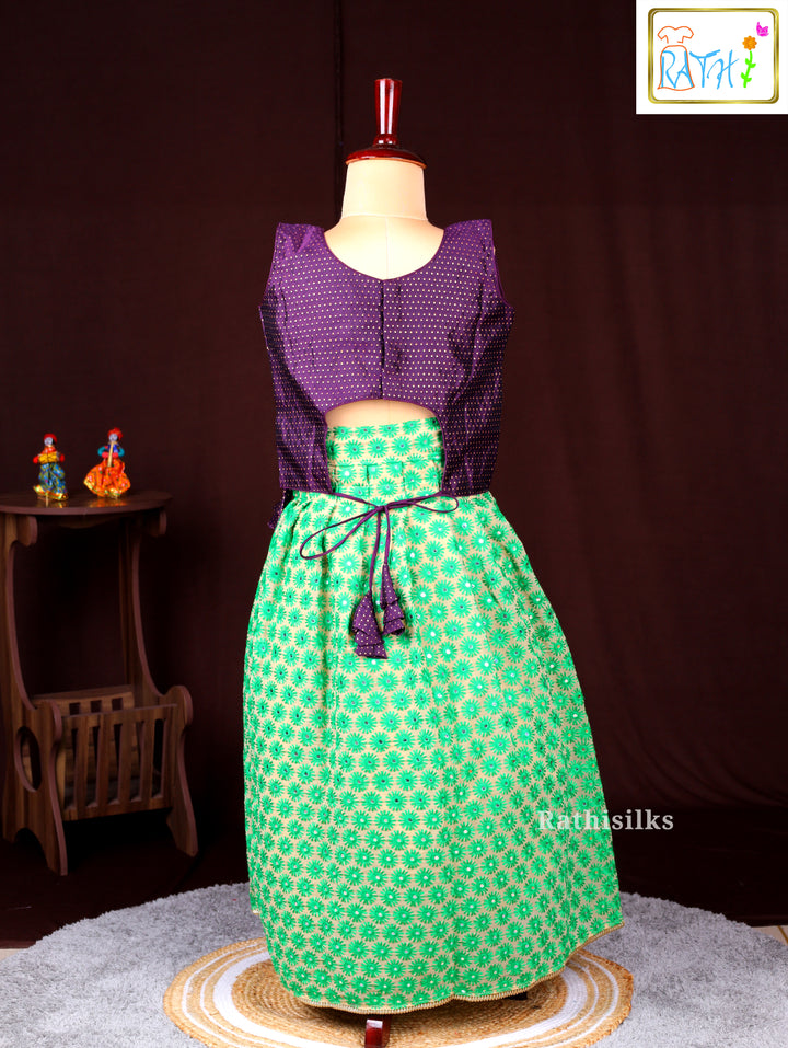 Purple Brocade Blouse with Green Floral Pavadai