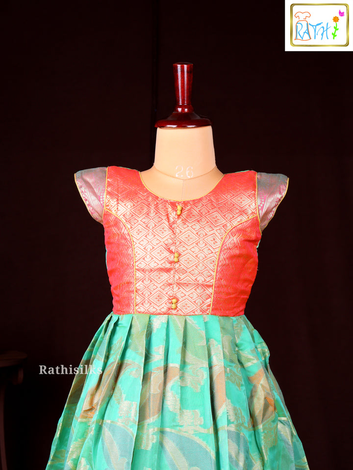 Orange Brocade Yoke with Green Zari Woven Frock