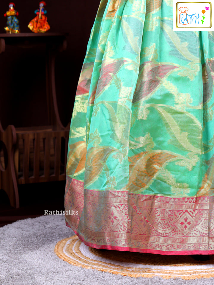 Orange Brocade Yoke with Green Zari Woven Frock