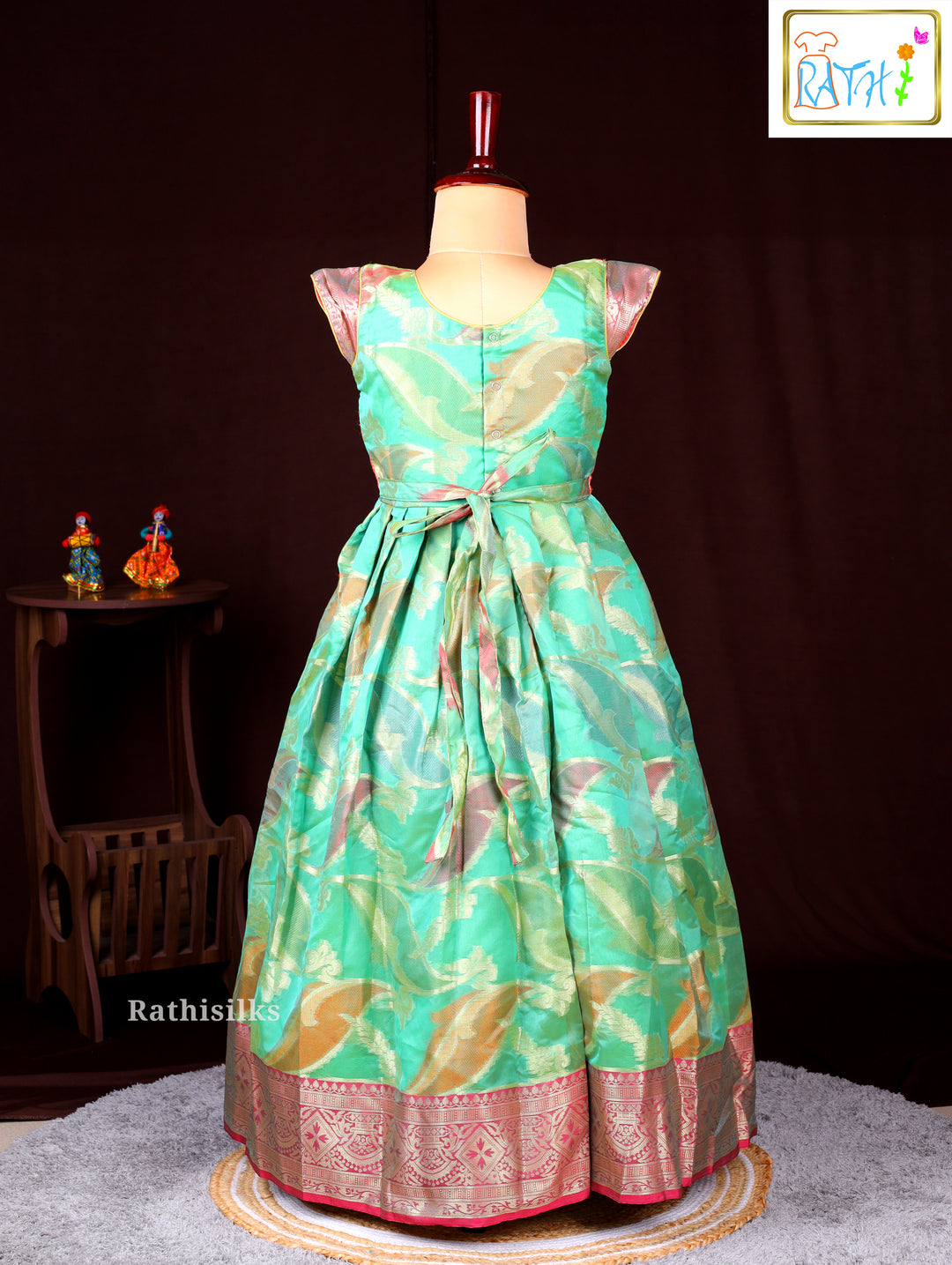 Orange Brocade Yoke with Green Zari Woven Frock