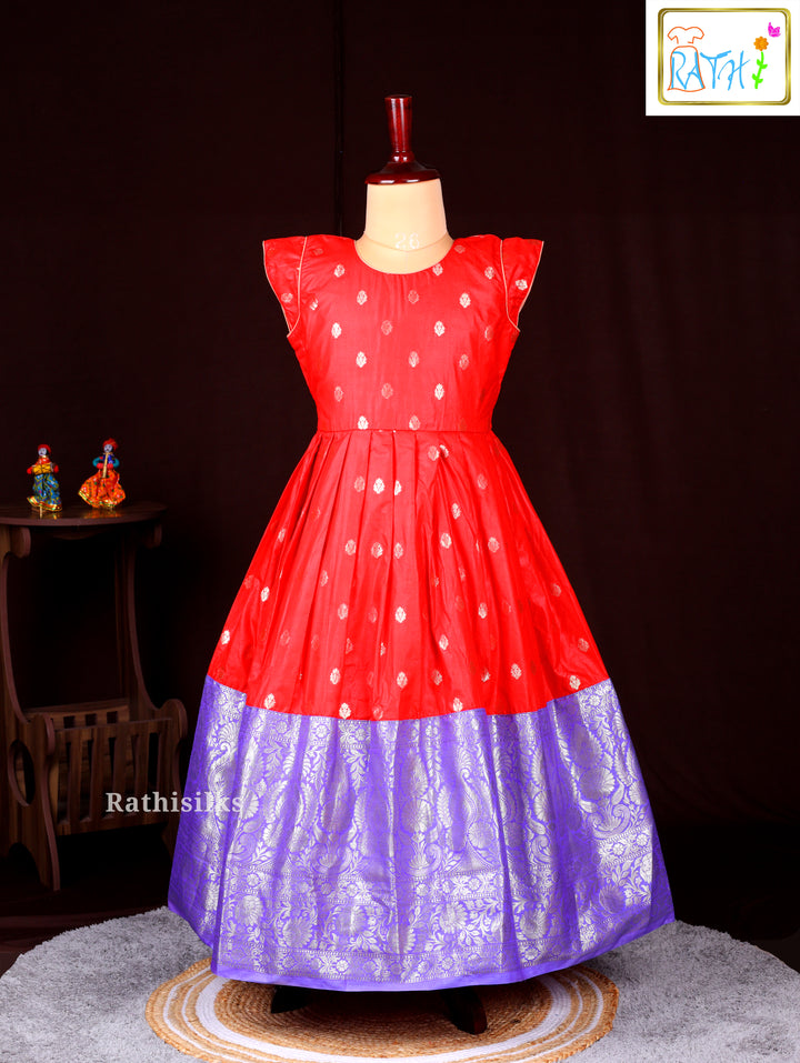 Red Zari Butta Top with Purple Jacquard Border Frock