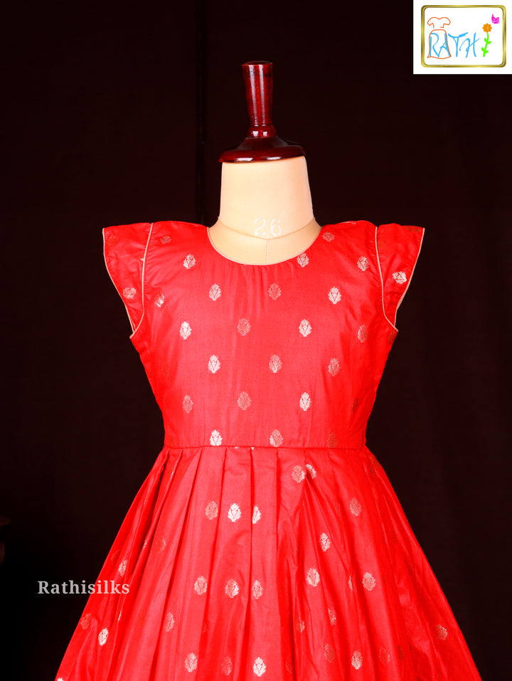 Red Zari Butta Top with Purple Jacquard Border Frock