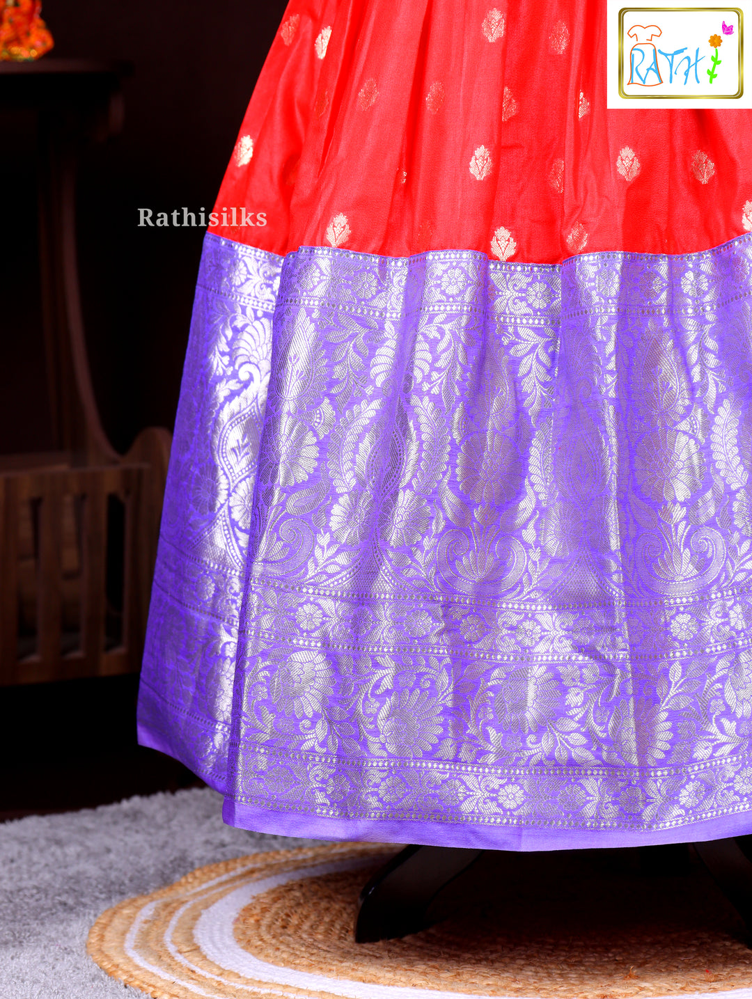 Red Zari Butta Top with Purple Jacquard Border Frock