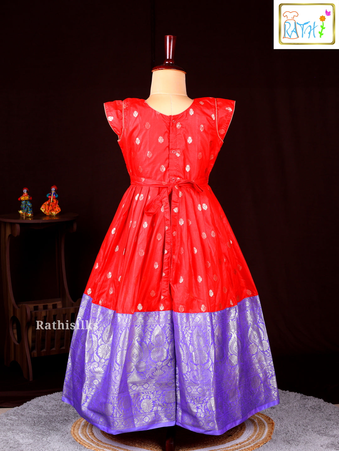 Red Zari Butta Top with Purple Jacquard Border Frock