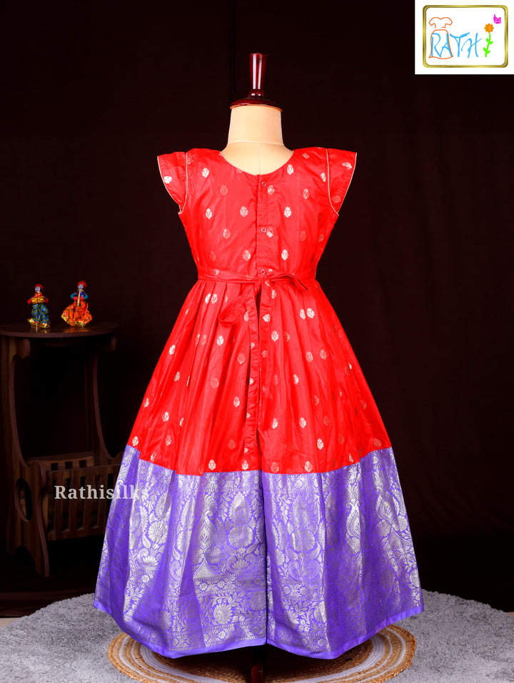 Red Zari Butta Top with Purple Jacquard Border Frock