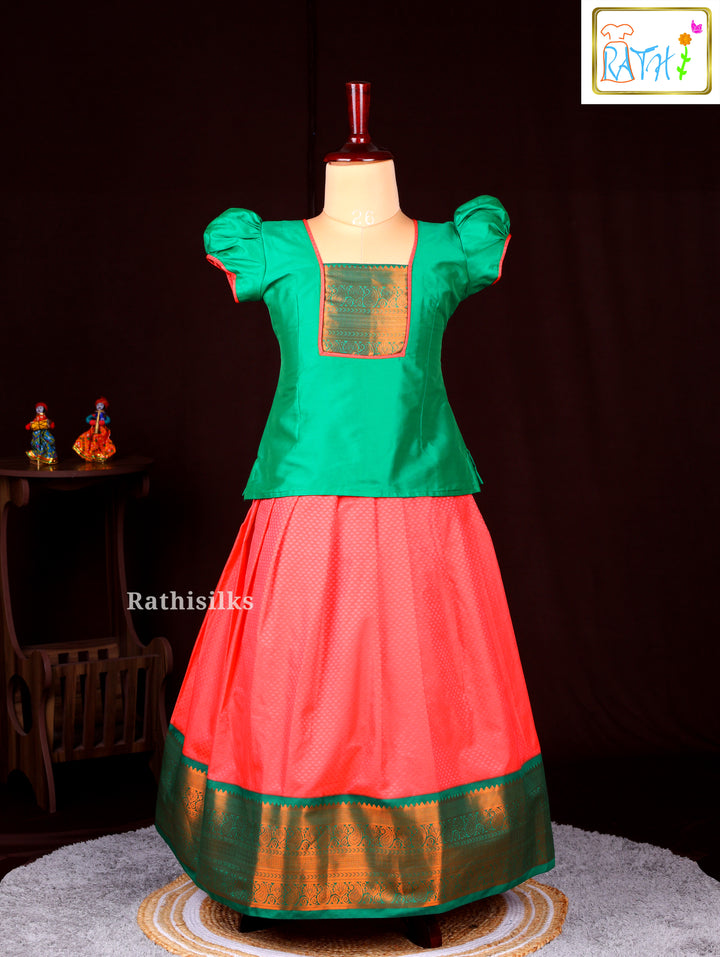 Green Blouse with Contrast Orange Pavadai