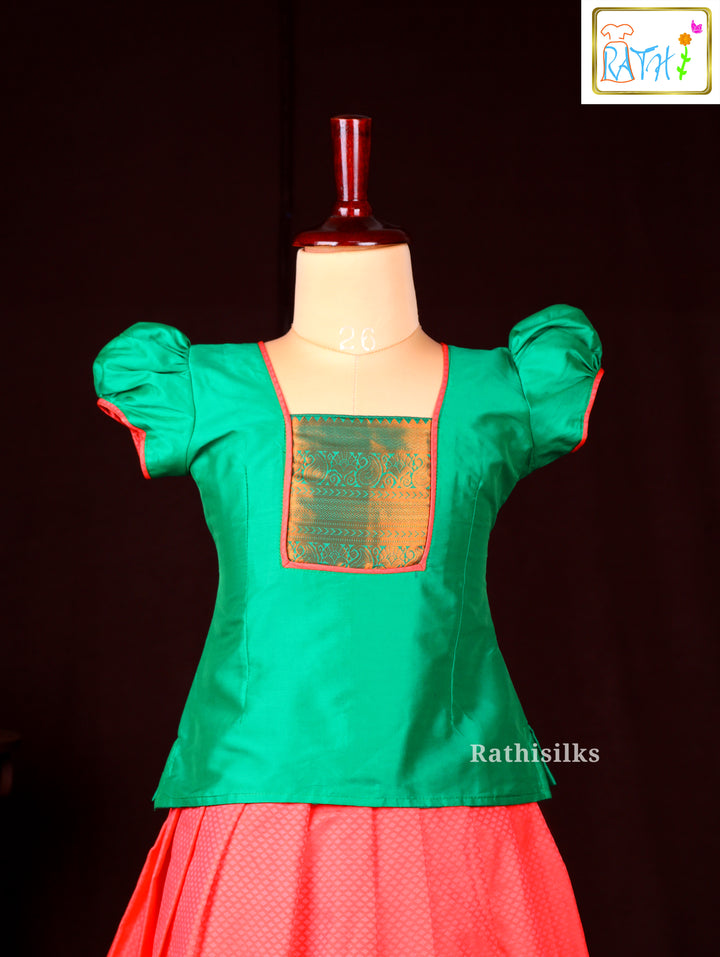 Green Blouse with Contrast Orange Pavadai